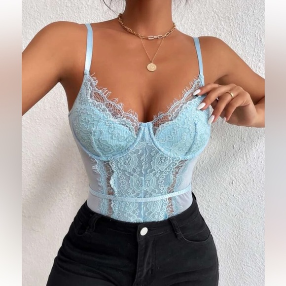 EUC Shein Medium Light Blue Lace Bodysuit - Picture 3 of 6